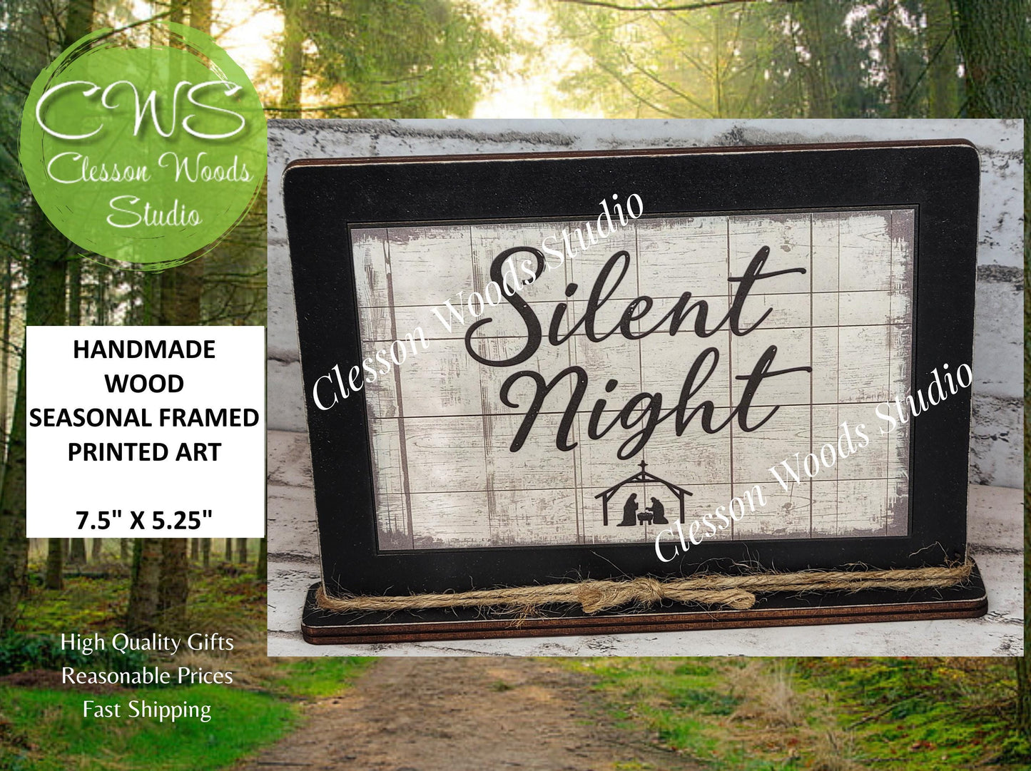 Silent Night Christmas Winter Framed Art with Attached Stand