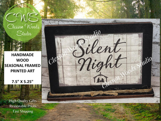Silent Night Christmas Winter Framed Art with Attached Stand