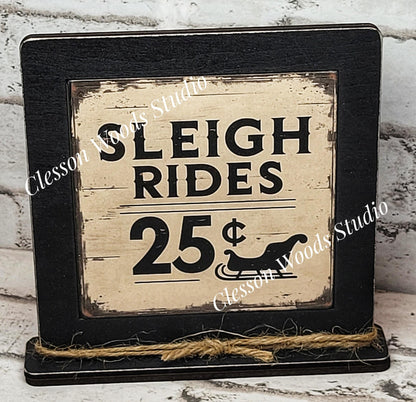 Sleigh Rides 25 Cents Framed Art Wood Sign