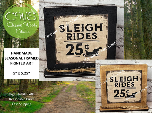 Sleigh Rides 25 Cents Framed Art Wood Sign
