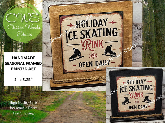 Holiday Ice Skating Rink Framed Art Wood Sign