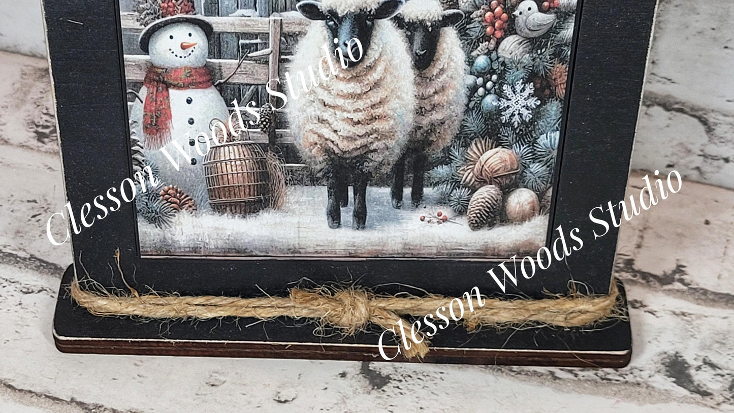 Primitive Snowman Sheep Merry Christmas Framed Art with Attached Stand