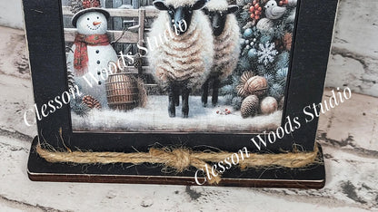 Primitive Snowman Sheep Merry Christmas Framed Art with Attached Stand