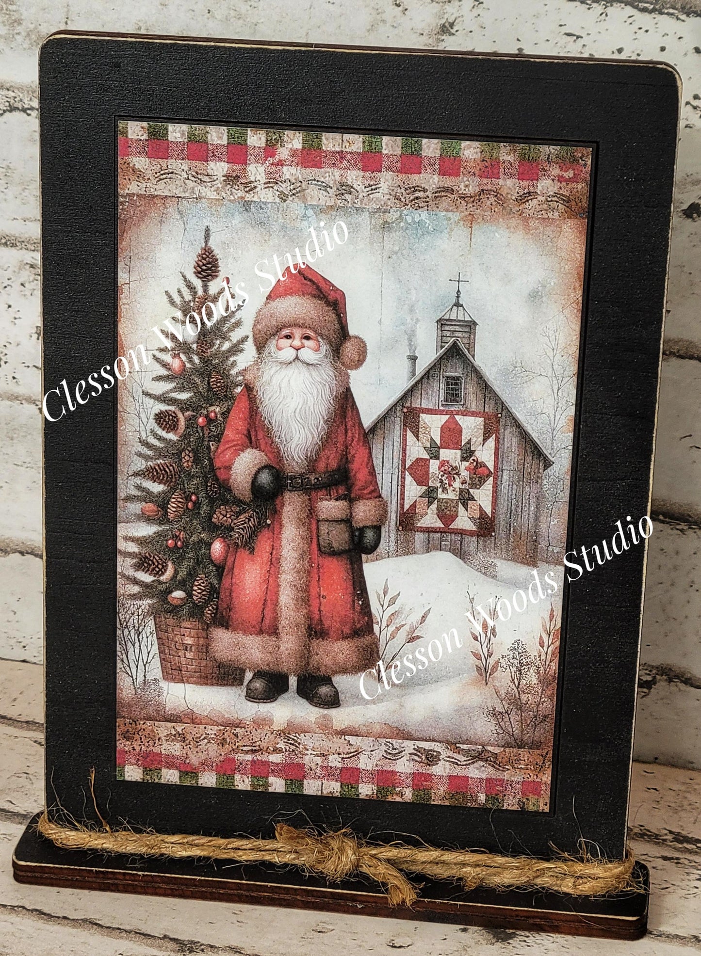 Primitive Santa Barn Quilt Framed Art with Attached Stand