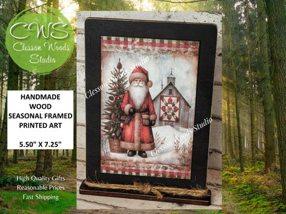 Primitive Santa Barn Quilt Framed Art with Attached Stand