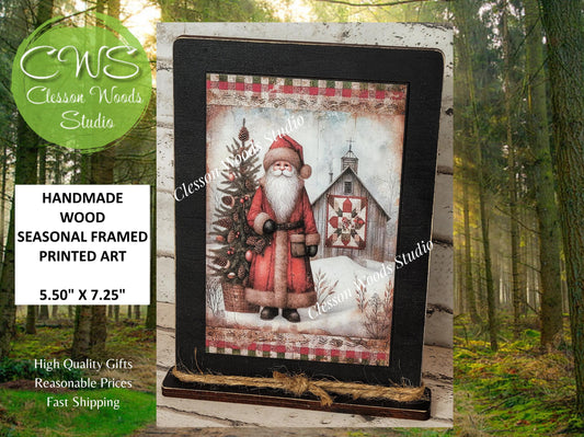 Primitive Santa Barn Quilt Framed Art with Attached Stand