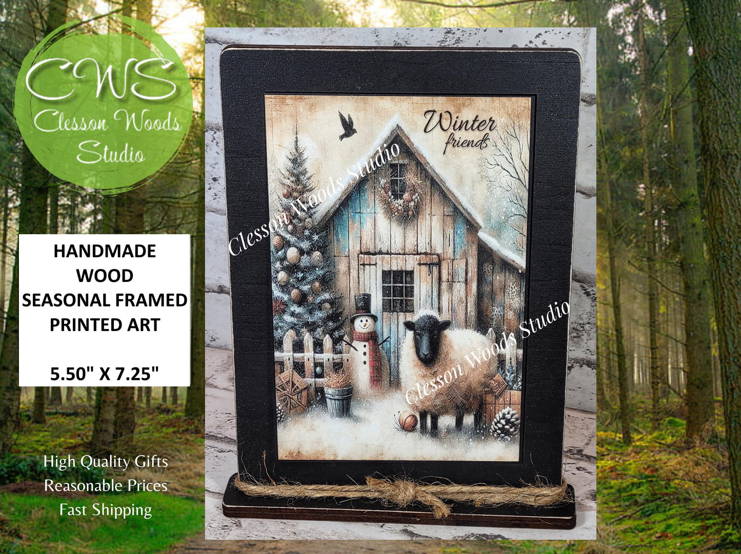 Primitive Snowman Sheep Winter Friends Framed Art with Attached Stand