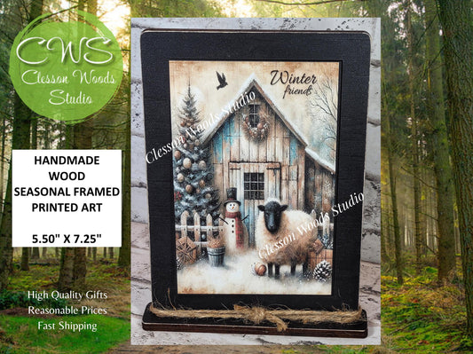 Primitive Snowman Sheep Winter Friends Framed Art with Attached Stand