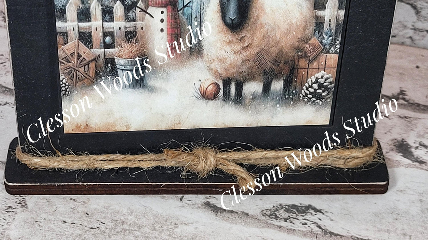 Primitive Snowman Sheep Winter Friends Framed Art with Attached Stand