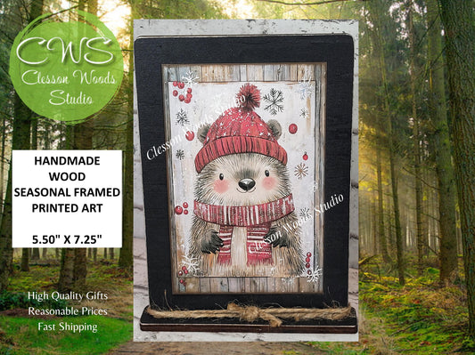 Rustic Christmas Winter Animal Framed Art with Attached Stand