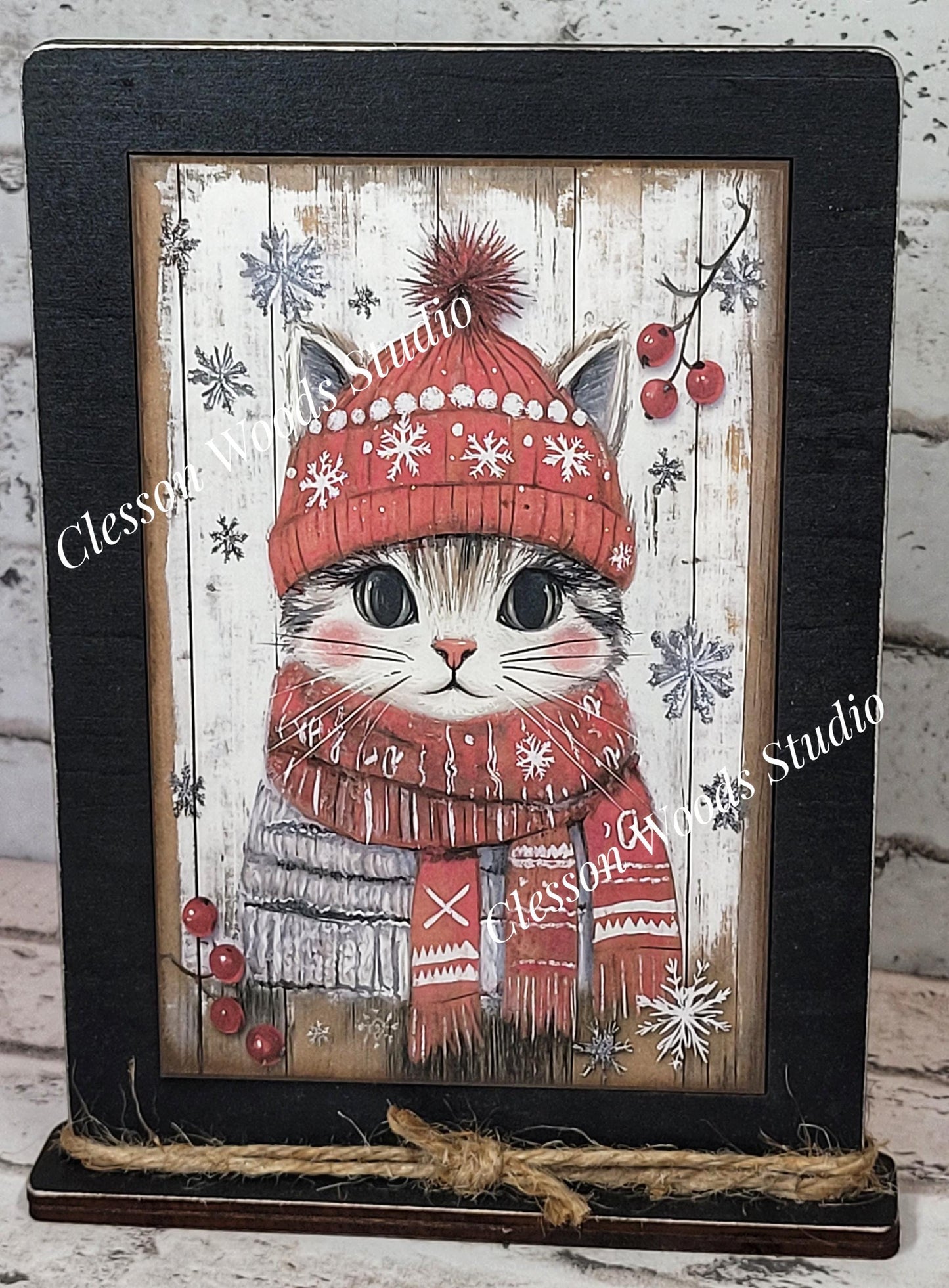 Rustic Christmas Winter Cat Framed Art with Attached Stand