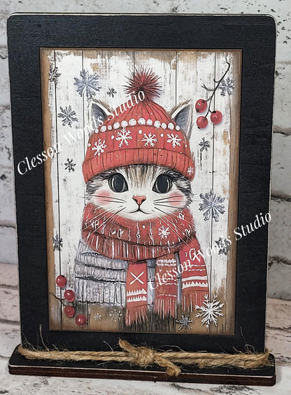 Rustic Christmas Winter Cat Framed Art with Attached Stand