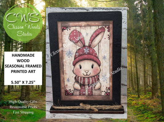 Rustic Christmas Winter Rabbit Framed Art with Attached Stand