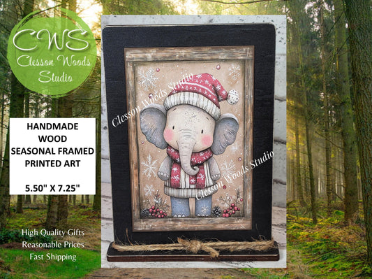 Rustic Christmas Winter Elephant Framed Art with Attached Stand