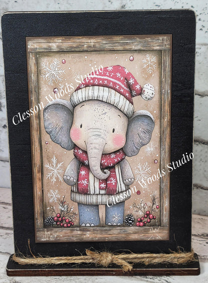 Rustic Christmas Winter Elephant Framed Art with Attached Stand
