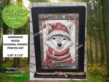 Rustic Christmas Winter Fox Framed Art with Attached Stand