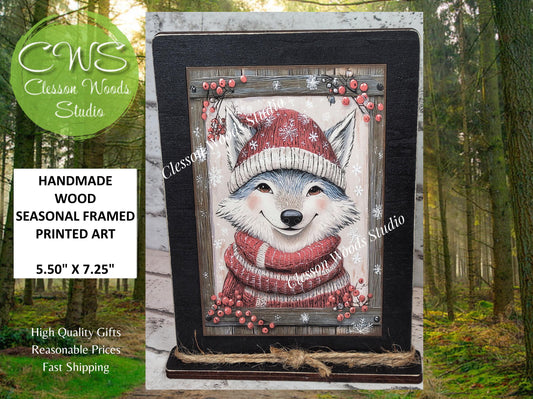 Rustic Christmas Winter Fox Framed Art with Attached Stand
