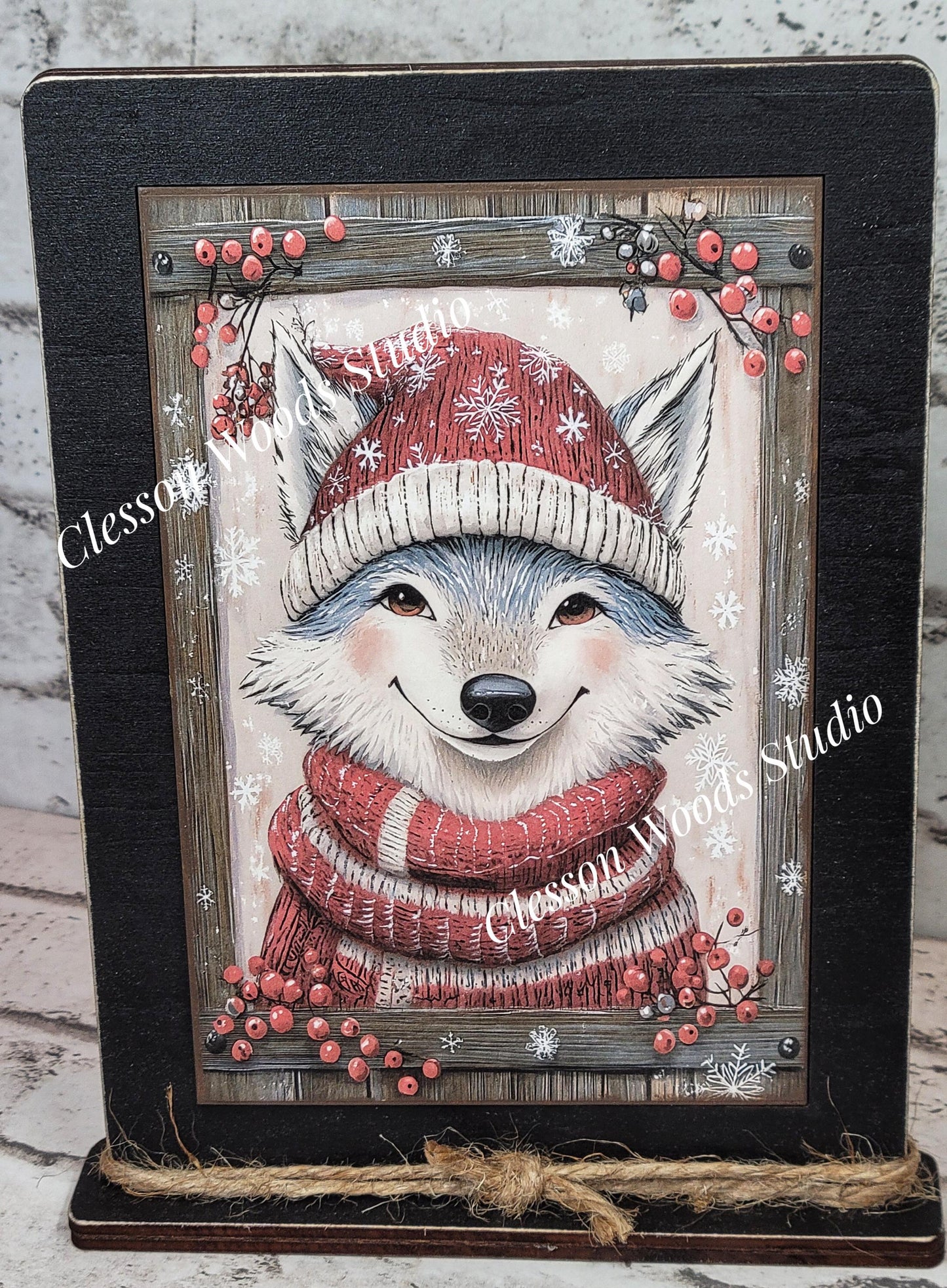 Rustic Christmas Winter Fox Framed Art with Attached Stand