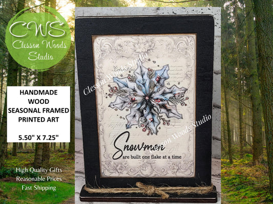 Rustic Winter Snowflake Framed Art with Attached Stand