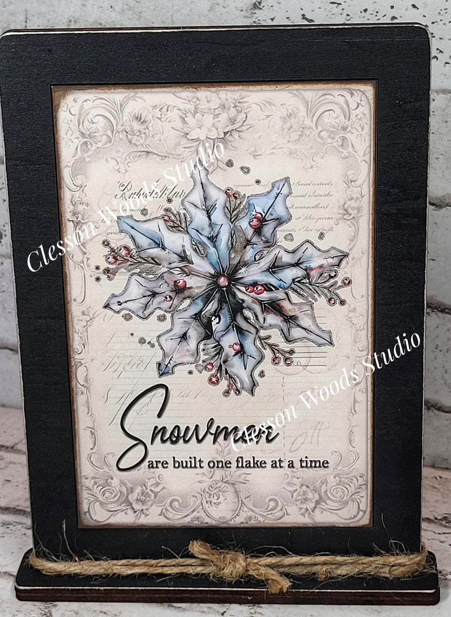 Rustic Winter Snowflake Framed Art with Attached Stand