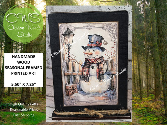 Rustic Winter Snowman 3 Framed Art with Attached Stand
