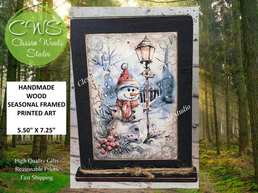 Rustic Winter Snowman 4 Framed Art with Attached Stand