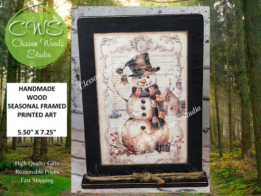 Rustic Winter Snowman 5 Framed Art with Attached Stand