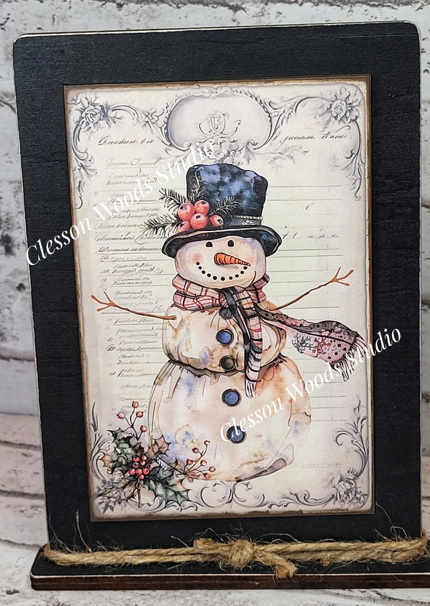 Rustic Winter Snowman 6 Framed Art with Attached Stand