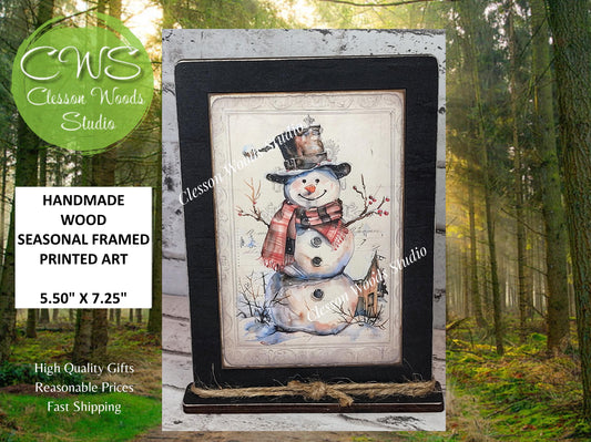 Rustic Winter Snowman 7 Framed Art with Attached Stand