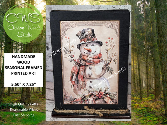 Rustic Winter Snowman 8 Framed Art with Attached Stand