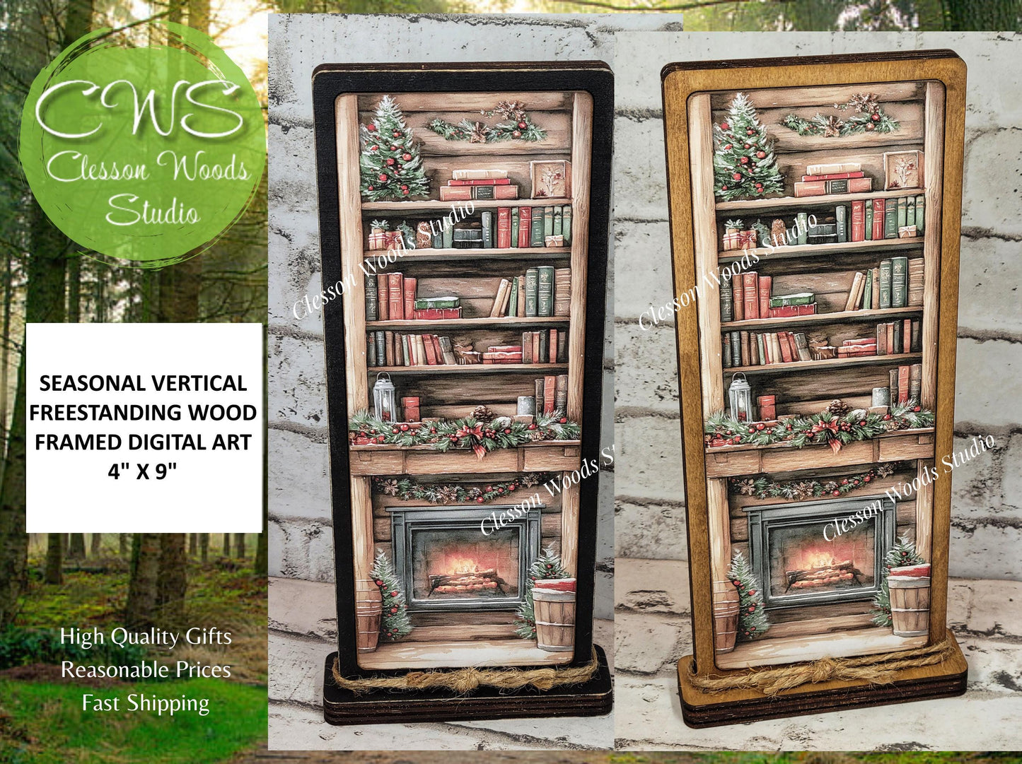 Cozy Christmas Cabin Bookshelf Fireplace Vertical Standing Wood Sign