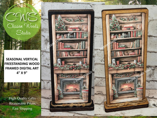 Cozy Christmas Cabin Bookshelf Fireplace Vertical Standing Wood Sign