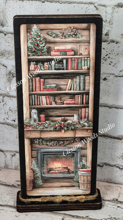 Cozy Christmas Cabin Bookshelf Fireplace Vertical Standing Wood Sign