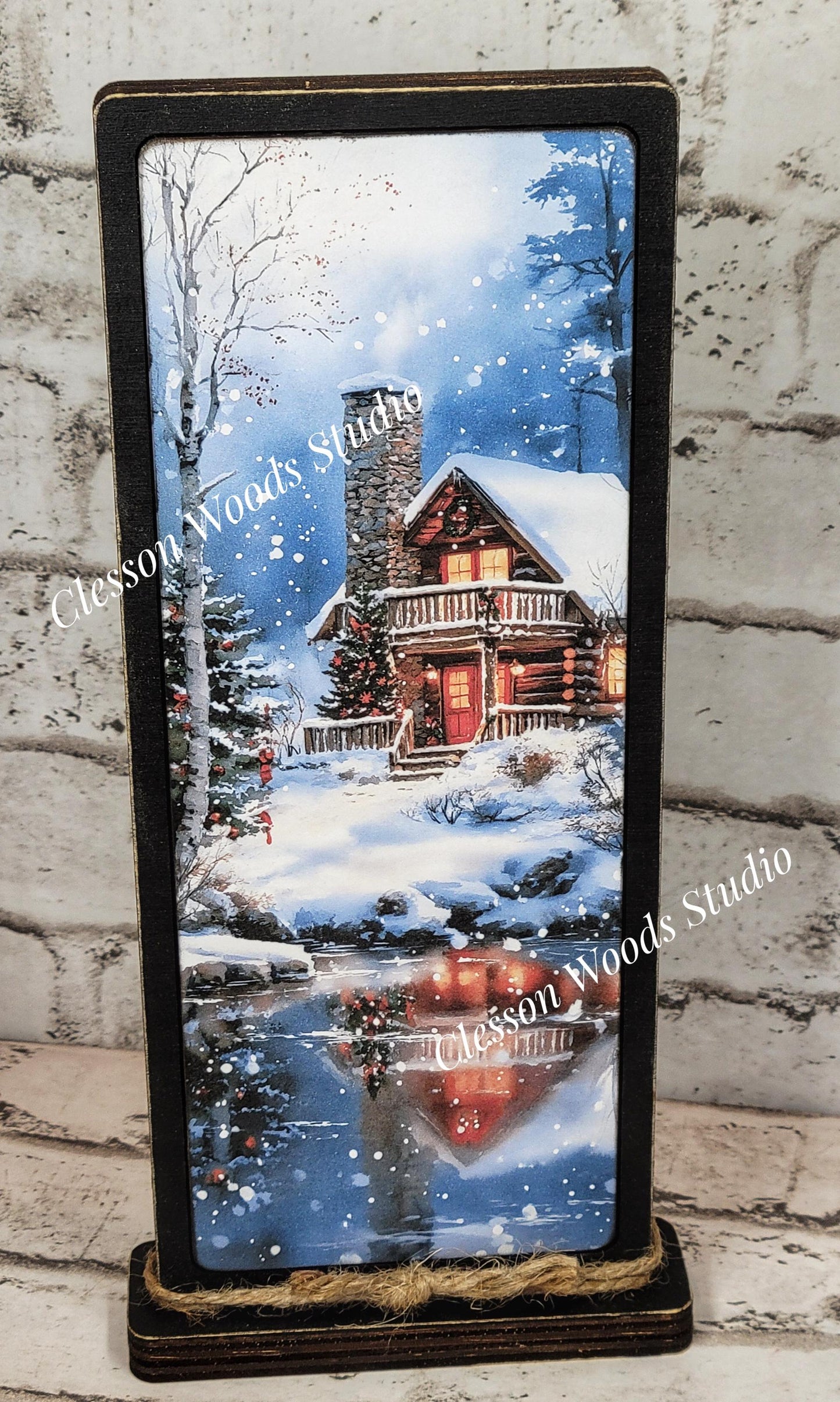 Cozy Christmas Cabin on Lake Vertical Standing Wood Sign