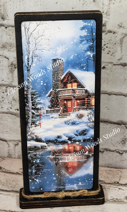 Cozy Christmas Cabin on Lake Vertical Standing Wood Sign