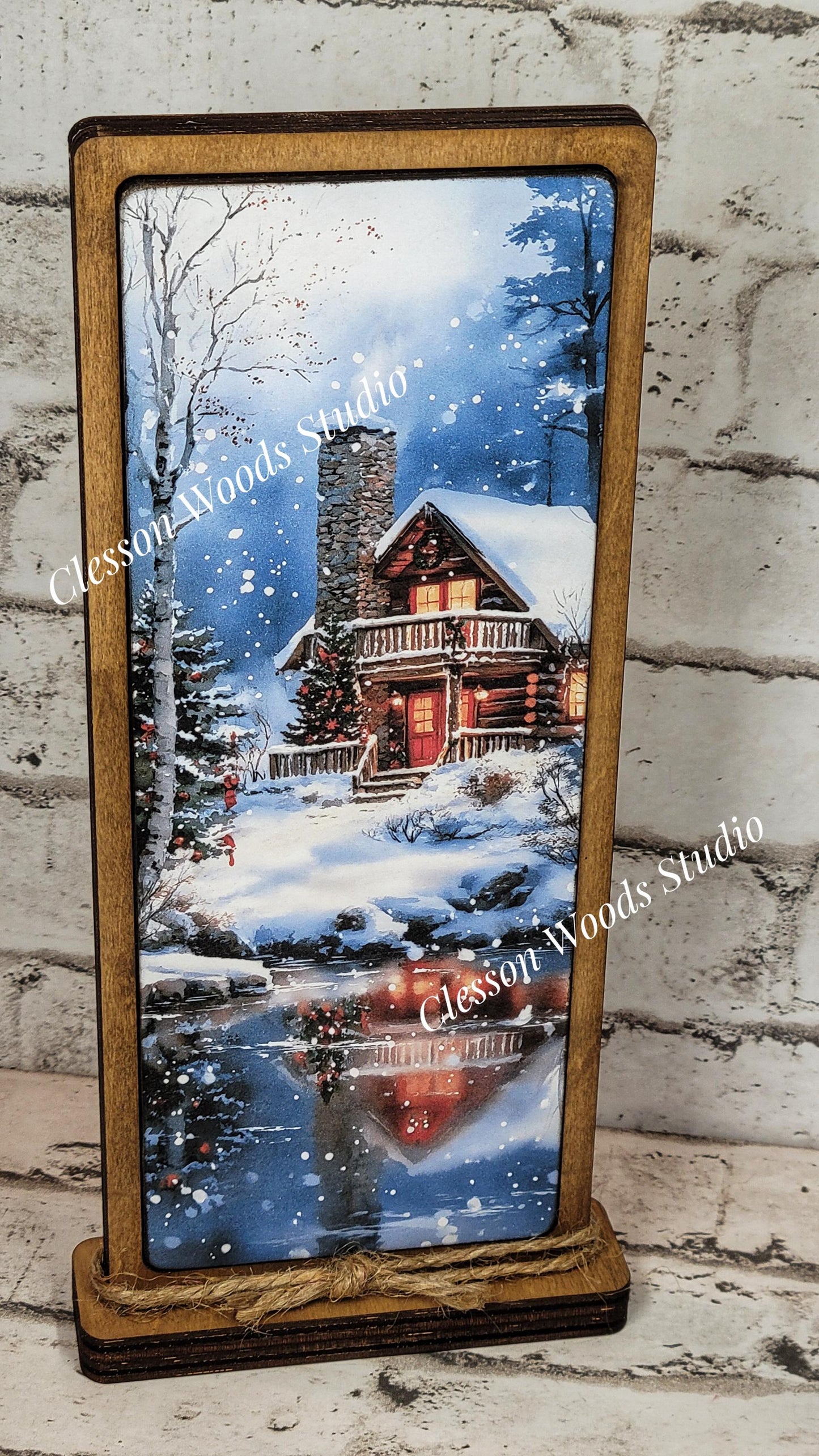 Cozy Christmas Cabin on Lake Vertical Standing Wood Sign