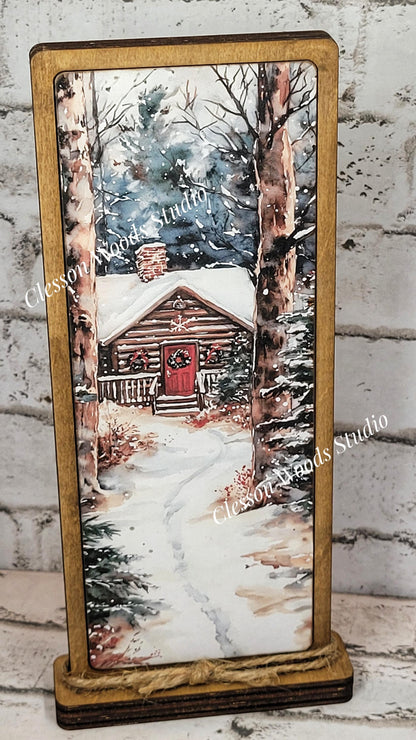Cozy Christmas Winter Cabin Vertical Standing Wood Sign