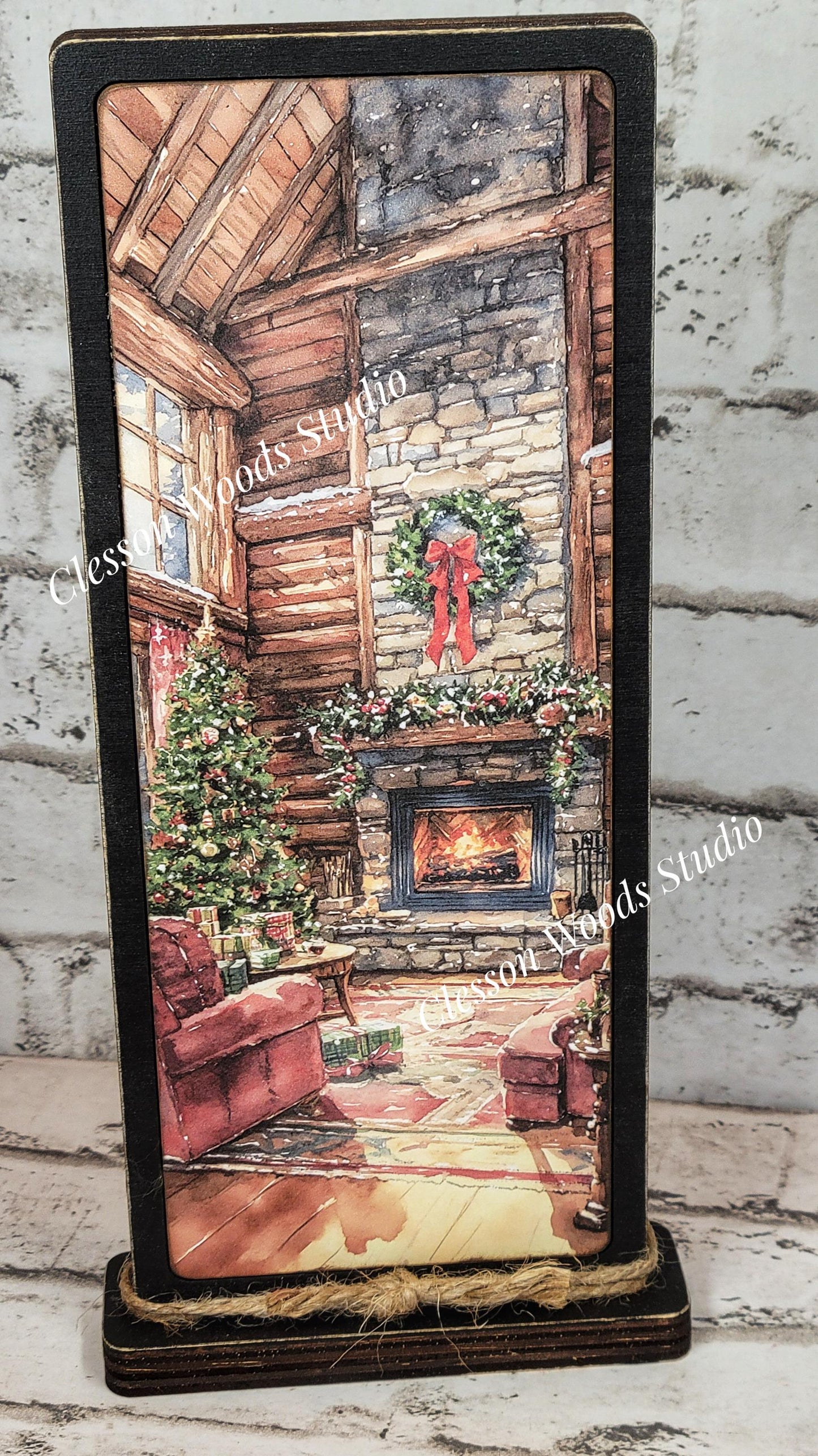 Cozy Christmas Cabin Fireplace Vertical Standing Wood Sign