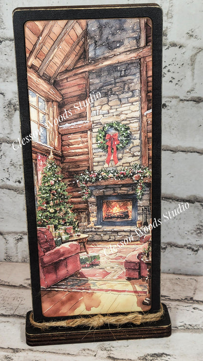 Cozy Christmas Cabin Fireplace Vertical Standing Wood Sign