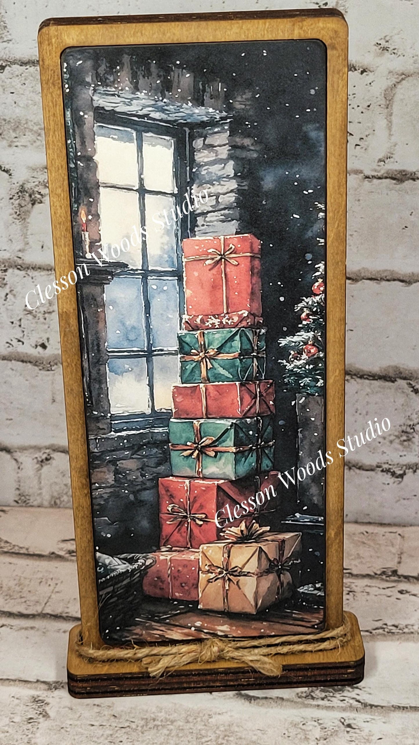 Cozy Christmas Cabin Stack of Gifts Vertical Standing Wood Sign