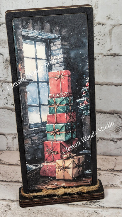 Cozy Christmas Cabin Stack of Gifts Vertical Standing Wood Sign