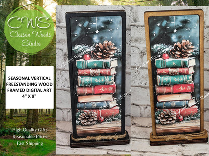 Cozy Christmas Cabin Stack of Books Vertical Standing Wood Sign