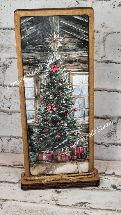 Cozy Christmas Cabin Christmas Tree Vertical Standing Wood Sign