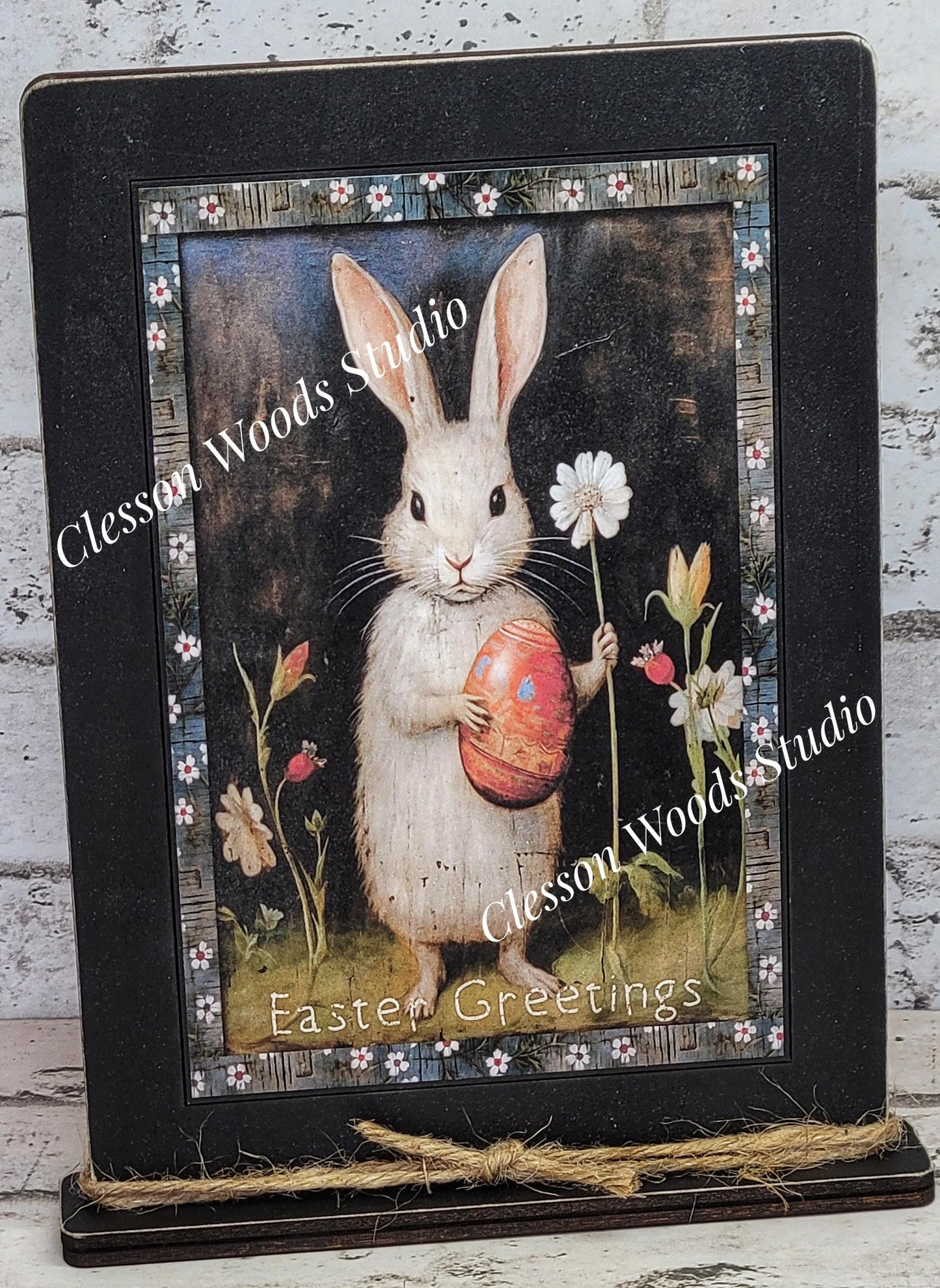 Primitive Bunny Easter Greetings Framed Art with Attached Stand