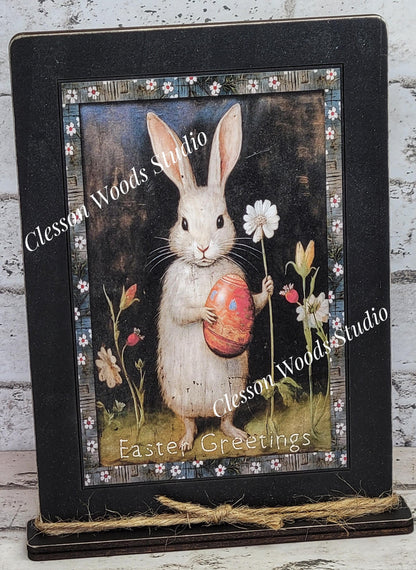 Primitive Bunny Easter Greetings Framed Art with Attached Stand