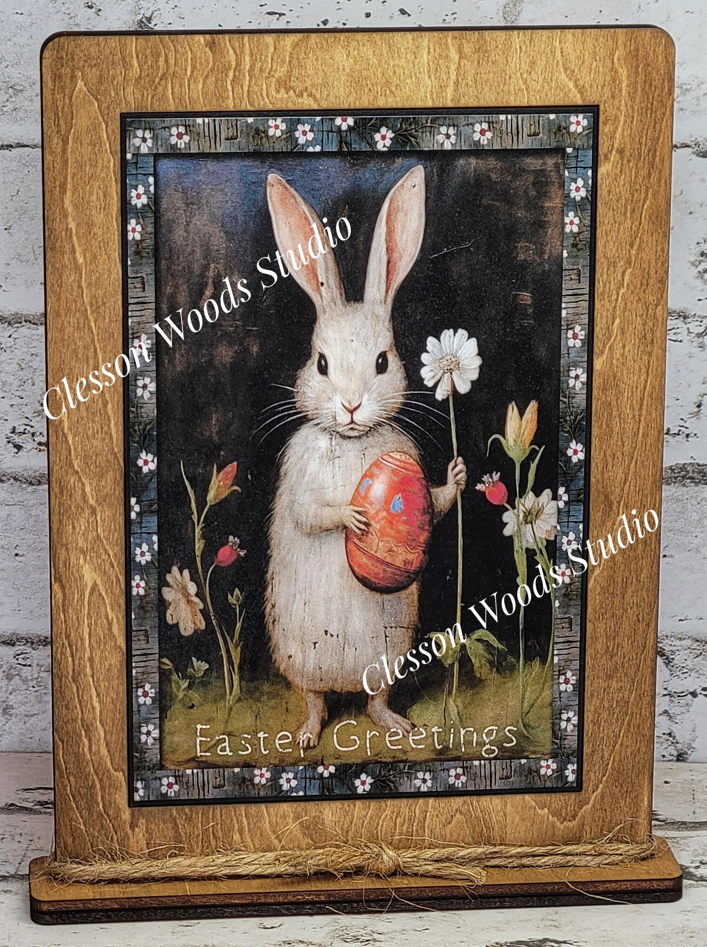 Primitive Bunny Easter Greetings Framed Art with Attached Stand