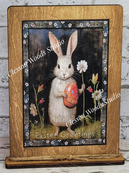 Primitive Bunny Easter Greetings Framed Art with Attached Stand