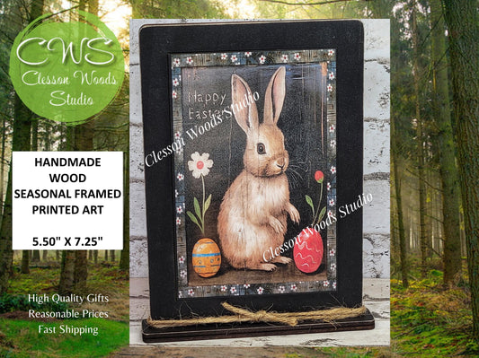 Primitive Bunny Happy Easter 2 Framed Art with Attached Stand