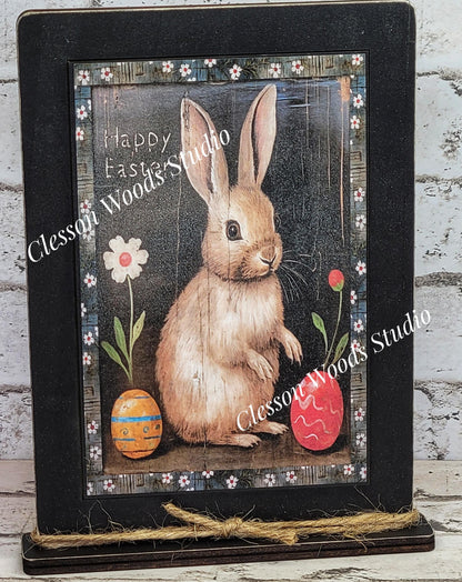 Primitive Bunny Happy Easter 2 Framed Art with Attached Stand