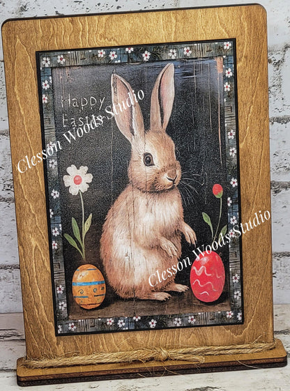 Primitive Bunny Happy Easter 2 Framed Art with Attached Stand
